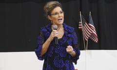 Sarah Palin, a Republican seeking the sole U.S. House seat in Alaska, addresses supporters Thursday, June 2, 2022, in Anchorage, Alaska, during an event that featured former President Donald Trump whose voice was heard over loudspeakers in a church gym. Palin is one of 48 candidates seeking to replace the late U.S. Rep. Don Young who died in March. The top four vote-getters from the June 11 special primary advance to the special election for the seat in August, where ranked choice voting will be used. (AP Photo/Mark Thiessen)