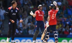 Jos Buttler and Phil Salt celebrate after England’s T20 World Cup win against USA