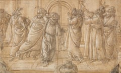 Sandro Botticelli. "The Devout Jews at Pentecost," ca. 1505. Black chalk, pen and brown ink, brown wash, highlighted with white gouache on paper. 9 1/8 x 14 3/8 in. (23.1 x 36.5 cm.)