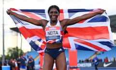 Daryll Neita celebrates her upset victory in the women’s 100m final of the national trials