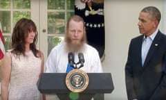 Barack Obama and Bowe Bergdahl speak in the White House Rose Garden on 31 May 2014.