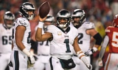 Jalen Hurts celebrates one of his two touchdowns against the Kansas City Chiefs on Monday