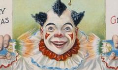 An early-20th-century card showing a clown pulling a cracker