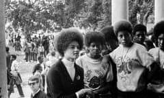 Kathleen Cleaver, communications secretary and the first female member of the Party’s central committee, with Black Panthers from Los Angeles at the Free Huey rally in West Oakland, 28 July 1968.
