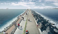 Artist’s impression of a visualisation of a six-mile sea-wall with turbines to generate low-carbon electricity at Swansea Bay in south Wales. 