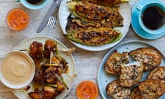 Australian cafe Milk Beach’s brunch: (clockwise from left) chicken yakitori, grilled Vegemite hispi cabbage, and prawn toasts.