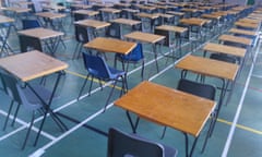 Exam room hall with lines of desks