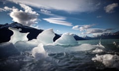 Global Warming Impacts Patagonia's Massive Glaciers<br>SANTA CRUZ PROVINCE, ARGENTINA - NOVEMBER 27:  Ice broken off from Perito Moreno glacier floats in Los Glaciares National Park, part of the Southern Patagonian Ice Field, the third largest ice field in the world, on November 27, 2015 in Santa Cruz Province, Argentina. The majority of the almost fifty large glaciers in the park have been retreating over the past fifty years due to warming temperatures, according to the European Space Agency (ESA). The United States Geological Survey (USGS) reports that over 68 percent of the world's freshwater supplies are locked in icecaps and glaciers. The United Nations climate change conference begins November 30 in Paris.  (Photo by Mario Tama/Getty Images)