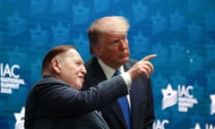 U.S. President Trump stands on stage alongside Sheldon Adelson before delivering remarks in Hollywood, Florida<br>U.S. President Donald Trump stands on stage alongside Sheldon Adelson before delivering remarks at the Israeli American Council National Summit in Hollywood, Florida, U.S., December 7, 2019. REUTERS/Loren Elliott