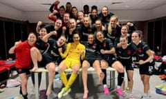 Slavia Prague’s squad celebrate in the dressing room after their 2-2 draw at Lyon.