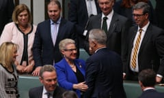 Bronwyn Bishop is congratulated by Malcolm Turnbull after her valedictory speech in the House of Representatives