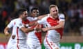 AS Monaco FC v Bayer 04 Leverkusen - UEFA Champions League<br>MONACO - SEPTEMBER 27: Kamil Glik (R) of AS Monaco FC celebrates after scoring the equalizer goal with team mates during the UEFA Champions League Group E match between AS Monaco FC and Bayer 04 Leverkusen at Louis II Stadium on September 27, 2016 in Monte Carlo, Monaco. (Photo by Valerio Pennicino/Getty Images)