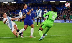 Chelsea’s Sam Kerr scores the first of her three goals against Paris FC