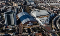 Aerial view of Empress State building (left) and Earls Court Exhibition Centre buildings (centre, right) in 2013. Only the one on the left remains.