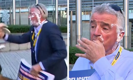 'It's delicious': Ryanair boss hit with cream cake in climate protest – video