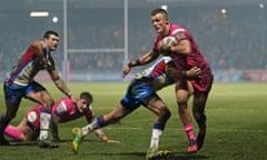 Ash Handley scores his third try in Leeds’ impressive win at Wakefield.