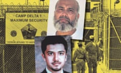 saifullah paracha (top) and uzair paracha (bottom) against pic of US camp at Guantanamo Bay
