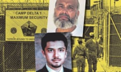 saifullah paracha (top) and uzair paracha (bottom) against pic of US camp at Guantanamo Bay