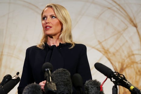 Jennifer Robinson, Australian human rights lawyer and member of WikiLeaks founder Julian Assange's legal team speaks during a press conference at East Hotel on June 26, 2024 in Canberra.