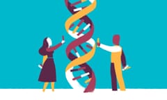 Illustration of two people of different races editing a genome