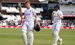 Ollie Pope and Joe Root leave the field at the close of day four at Headingley.