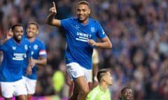 Rangers' Cyriel Dessers celebrates after scoring their second goal against Servette