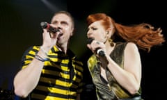 Scissor Sisters Perform At Shepherds Bush Empire In London<br>LONDON, UNITED KINGDOM - MAY 16: Jake Shears and Ana Matronic of the Scissor Sisters perform on stage at Shepherds Bush Empire on May 16, 2012 in London, United Kingdom. (Photo by Neil Lupin/Redferns via Getty Images)