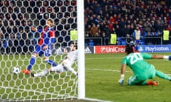 Michael Lang, left, scores the winner for Basel against Manchester United.