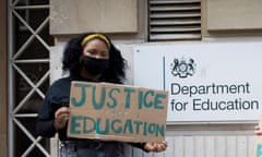 Larissa Kennedy at a socially-distanced protest outside the Department for Education building in central London on 20th August. 
