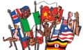 Illustration of naked people with the flags of their countries