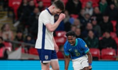 England v Brazil, International Friendly, Football, Wembley Stadium, London, UK - 23 Mar 2024<br>EDITORIAL USE ONLY No use with unauthorised audio, video, data, fixture lists, club/league logos or "live" services. Online in-match use limited to 120 images, no video emulation. No use in betting, games or single club/league/player publications.
Mandatory Credit: Photo by Dave Shopland/REX/Shutterstock (14398318cj)
Endrick of Brazil celebrates scoring winning goal with dejected Declan Rice of England looking on
England v Brazil, International Friendly, Football, Wembley Stadium, London, UK - 23 Mar 2024