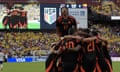 Colombian midfielder John Arias celebrates a goal during Saturday’s friendly.