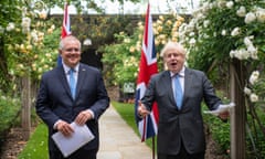 Australian prime minister Scott Morrison and Boris Johnson in the garden at Downing Street after agreeing the broad terms of a free trade deal between the UK and Australia.
