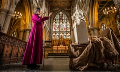The bishop of Hull, Alison White, conducts a ceremony for stone sculptures of characters from CS Lewis’s Chronicles of Narnia that will replace the medieval carvings on the outside of St Mary’s church in Beverley.