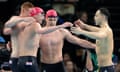 Tom Dean, Matthew Richards, James Guy and Duncan Scott of Team Great Britain celebrate after winning the men’s 4x200m freestyle relay.