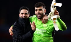 David Raya celebrates with Mikel Arteta after saving two Porto penalties.