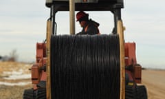 Rural high speed internet<br>WIGGINS, COLORADO - DECEMBER 19: Dana Sharp, with Blue Lightning, runs a Ditch Witch digging a line to lay in fiber optic cable, for high speed internet, on December 19, 2019 in Wiggins, Colorado. (Photo by  RJ Sangosti/MediaNews Group/The Denver Post via Getty Images)