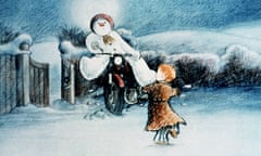 Still from the Snowman featuring the Snowman riding a bike
