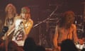 Guns n' Roses At The Cathouse<br>LOS ANGELES - OCTOBER 10:  (L-R) Izzy Stradlin, Duff McKagan, Axl Rose, Slash and Steven Adler of the rock group 'Guns n' Roses' in a still from the video shoot for the song 'It's So Easy' at the Cathouse which was also a warm-up gig for when they were to open for the Rolling Stones a week later on October 10, 1989 in Los Angeles, California. (Photo by Marc S Canter/Michael Ochs Archives/Getty Images)