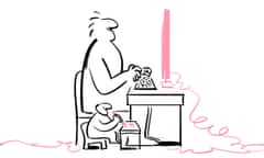 Illustration of adult sitting at desk working on computer, with child at smaller desk drawing