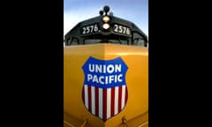 A Union Pacific engine sits in a railway yard in Salt Lake City