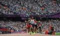 London 2012 Olympic Games. Mo Farah celebrates as he wins the men's 5,000 metres final