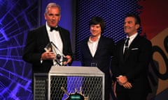 Robert Harris, left, collects the Ian Fleming Steel Dagger at the Specsavers Crime Thriller awards.