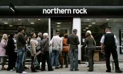 Customers queue to enter a branch of Northern Rock in Kingston, Surrey, southern England