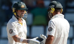 Australia's Ed Cowan, left, is congratulated by Ricky Ponting