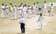 The England players await the DRS verdict for the wicket of  Sri Lanka's Tillakaratne Dilshan