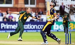 Stuart Broad of Nottinghamshire celebrates the wicket of Glamorgans's Simon Jones in the YB40 final