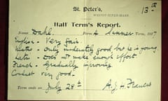 Roald Dahl’s school report from 1927, at the Roald Dahl Centre, Great Missenden