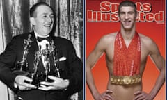 Walt Disney with Oscars and Michael Phelps with gold medals