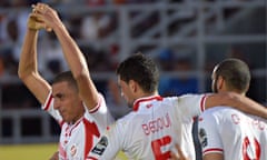 Tunisia's Yassine Chikhaoui, left, celebrates his winner against Zambia in the Africa Cup of Nations